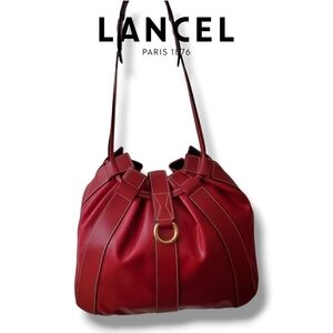 Lancel Paris Deep Red Leather Drawstring Bucket Bag Shoulder Purse Elsa Sellier
